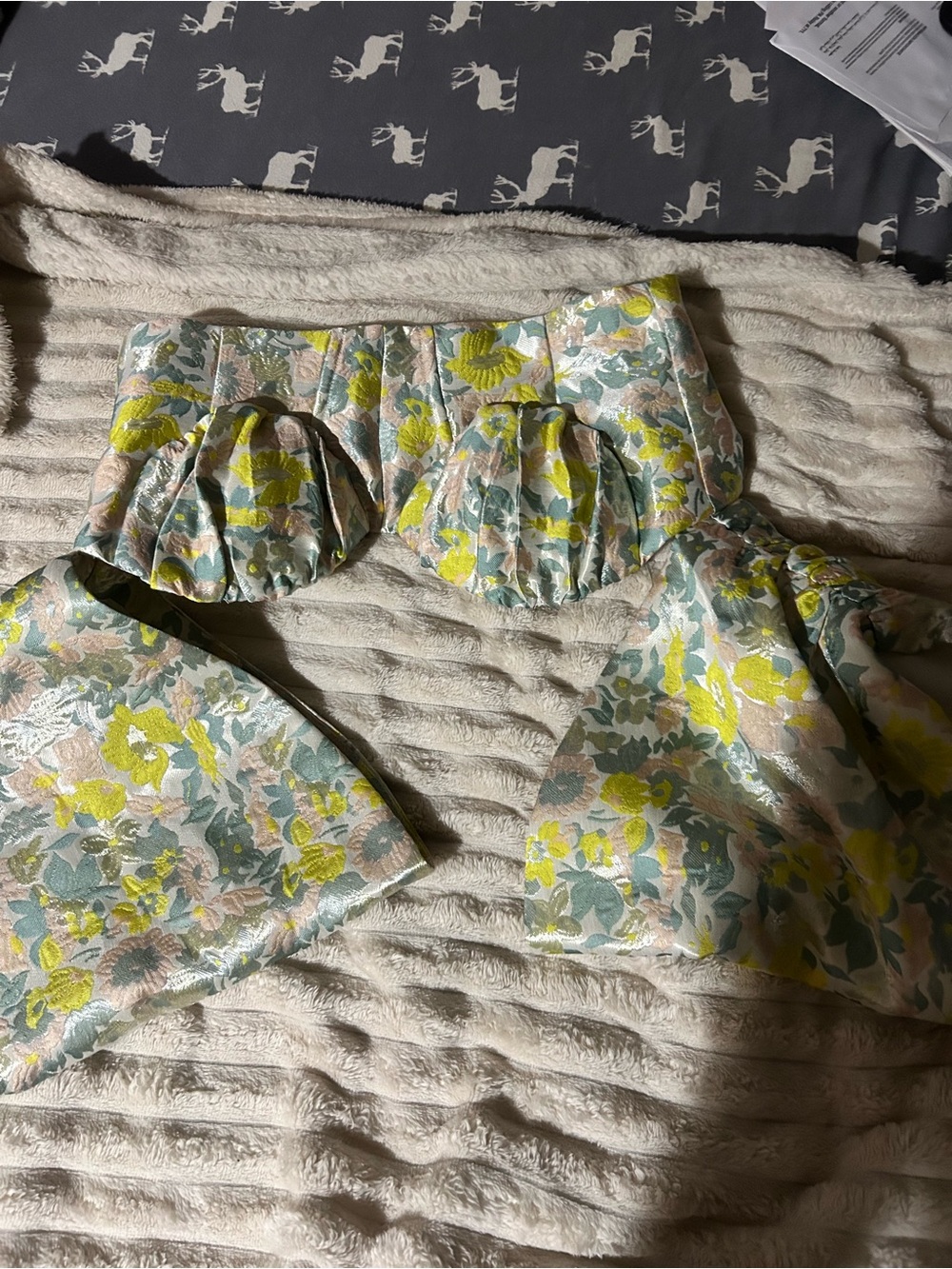 ASOS Floral Jacquard Off-Shoulder Crop Top in Yellow, Green & Pink